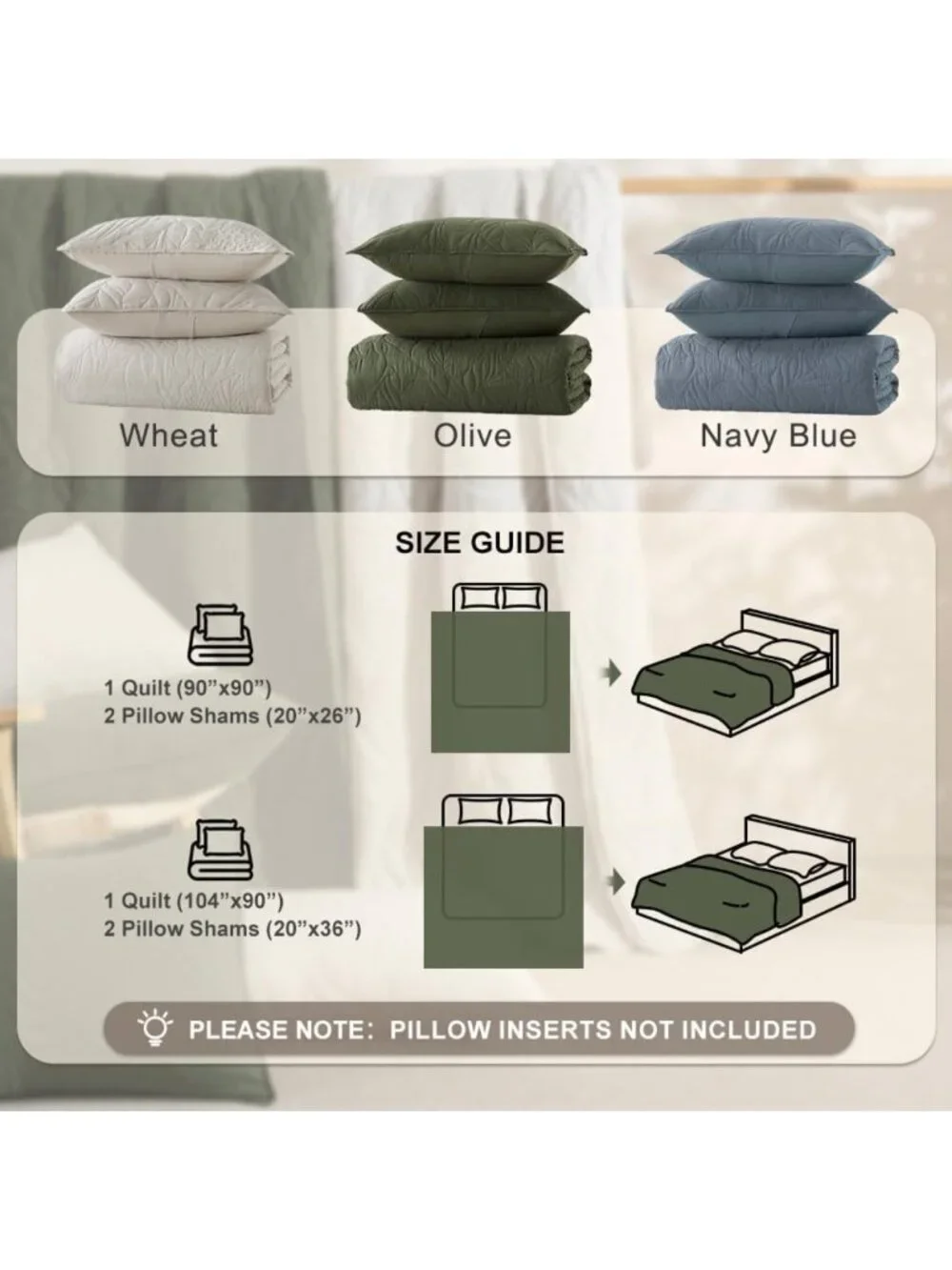 Olive Green King Quilt Set - Soft Lightweight Bedspread, Rustic Leaf Pattern, 3